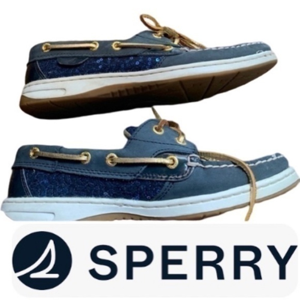 NWOT Sperry Navy Leather Sequined Topsiders Sz 6.5
